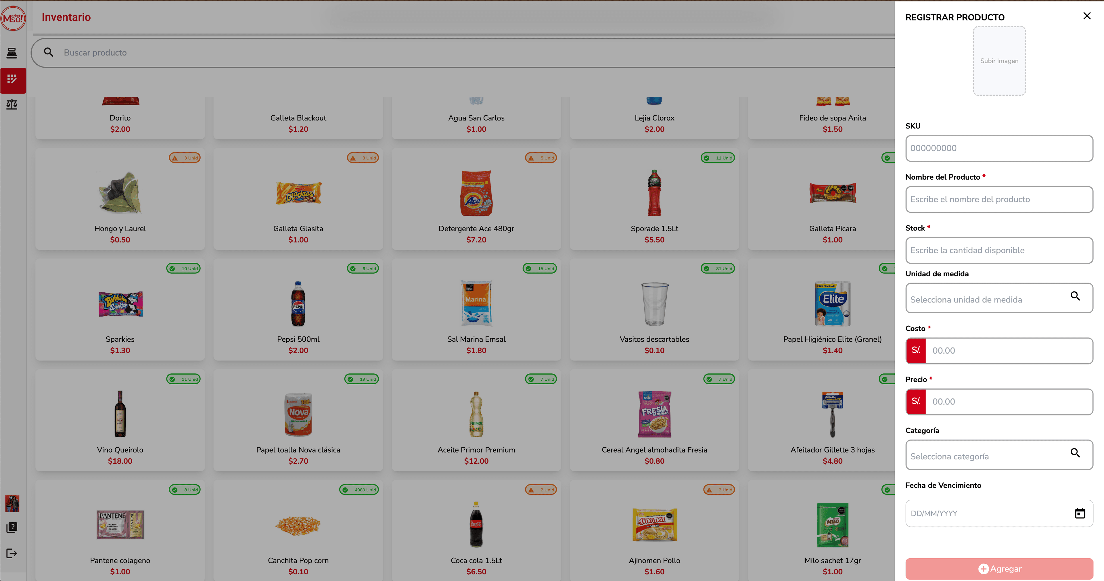 Pantalla de inventario de Altope con productos, precios y el formulario para registrar un producto