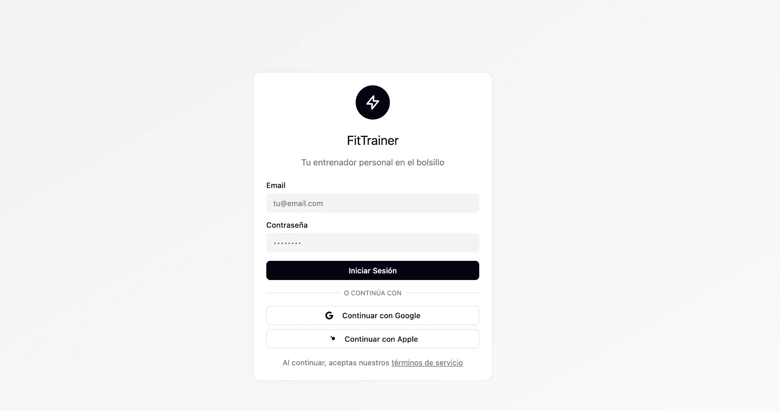 Pantalla de inicio de sesión de la app FitTrainer