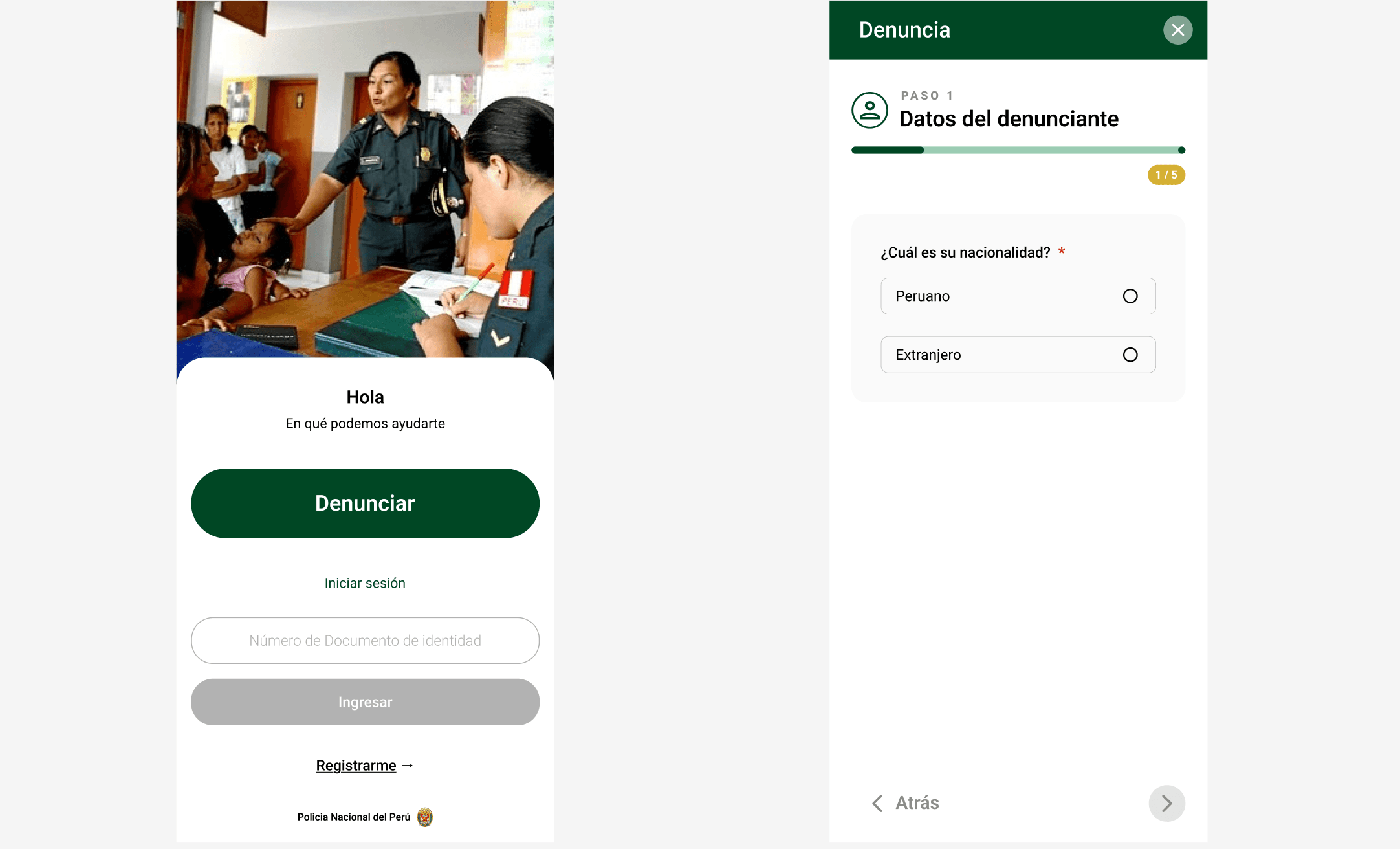 Pantalla de inicio de la app de denuncias de la Policía Nacional del Perú y primer paso del formulario